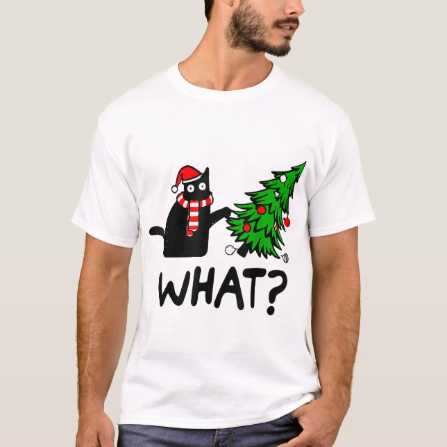 T-shirt Cadeau de chat noir poussant l'arbre de Noël sur l (Devant)