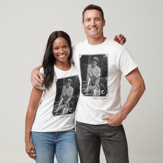 T-shirt Cadre photo et texte personnalisé en couple (Unisexe)
