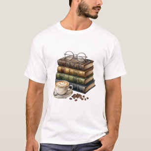 T-shirt Café Magique et Pile de Livres Anciens Aquarelle