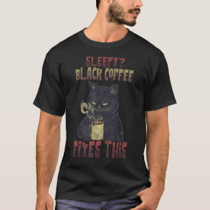 T-shirt Café Noir Sleepy Fixe Ce Chat Boire