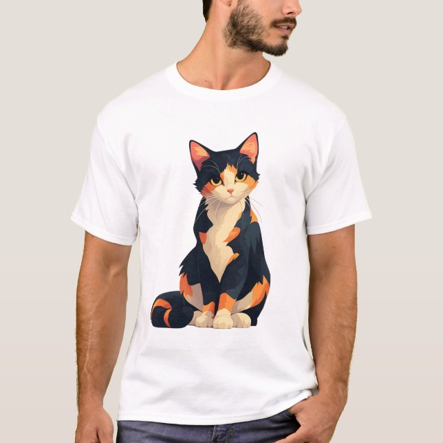 T-shirt Calico Cat Sitting Illustration (Devant)