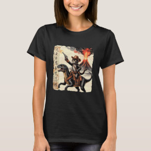 T-shirt Calligraphie Rétro Chat Dinosaure Éruption Volcani