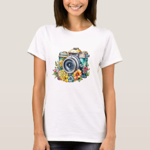 T-shirt Caméra vintage en aquarelle Fleurs