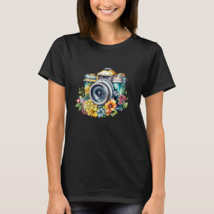 T-shirt Caméra vintage en aquarelle Fleurs