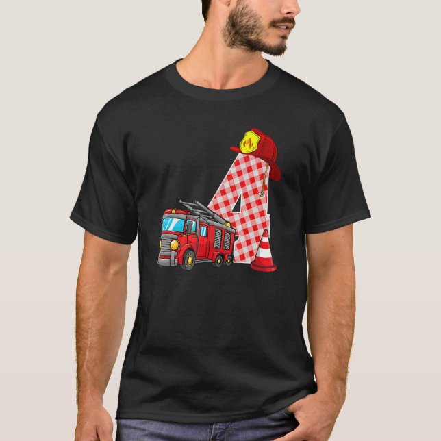 T-shirt Camion d'incendie 4e anniversaire garçon bébé pomp (Devant)