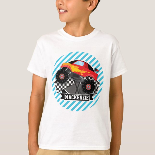 T-shirt Camion Monster Rouge ; Drapeau À damiers ; Bleu (Devant)