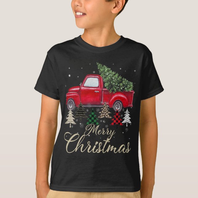 T-shirt Camion Rouge Avec Buffalo Plaid Et Léopard Noël (Devant)
