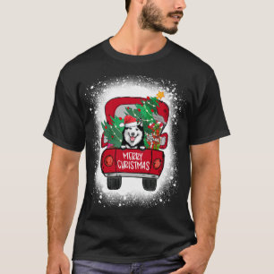 T-shirt Camion Rouge Cute Husky Joyeux Noël Bleached