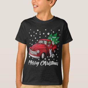 T-shirt Camion rouge Joyeux sapin de Noël Chien sibérien H