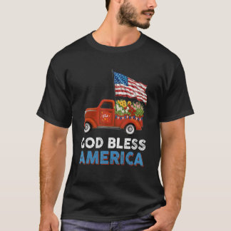 T-shirt Camion Rouge Usa Fleurs Drapeau Dieu bénisse l'Amé