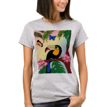 camiseta Tucano tropical e borboletas