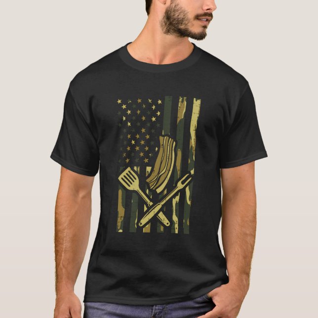 T-shirt Camo Us Drapeau Barbecue Viande Grill Barbecue Pat (Devant)