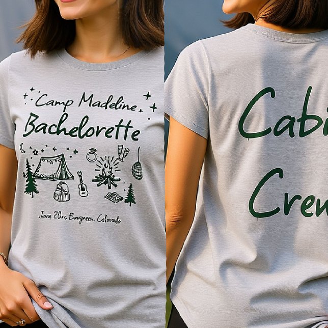T-shirt Camp Bachelorette Camping Crew Cabine tiré main (camp bachelorette cabin crew camping hand drawn written girls trip bach green glamping)
