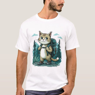 T-shirt camping Cat. Cute cat wearing a backpack funny