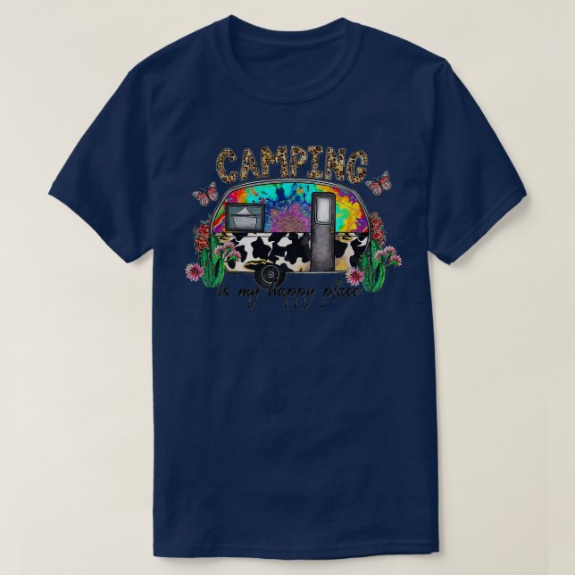 T-shirt Camping Est Mon Endroit Heureux Camping Van Cactus (Design devant)