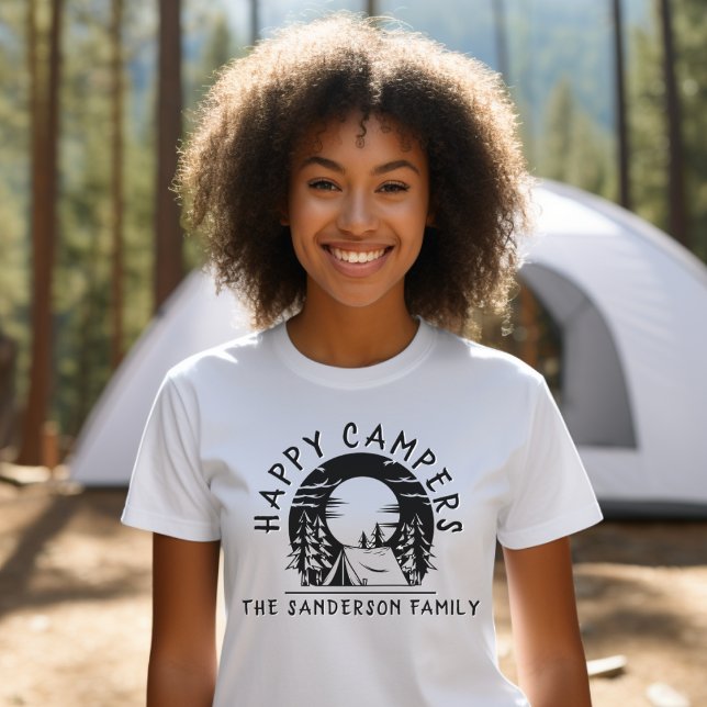 T-shirt Camping familial Voyage Happy Campers Black White  (Get matching family name tshirts for the Happy Campers on your next camping or hiking trip!)