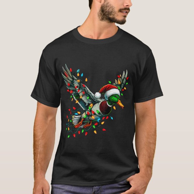 T-shirt Canard Père Noël Volant Avec Lumières De Noël Chas (Devant)