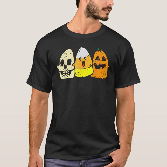 T-shirt Candy Corn Skeleton Skull Citrouille Fun Halloween (Devant)