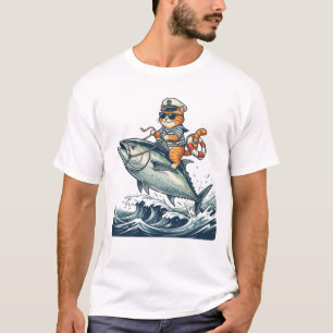 T-shirt Capitaine Chat Équitation Thon Géant Dessin de Pêc