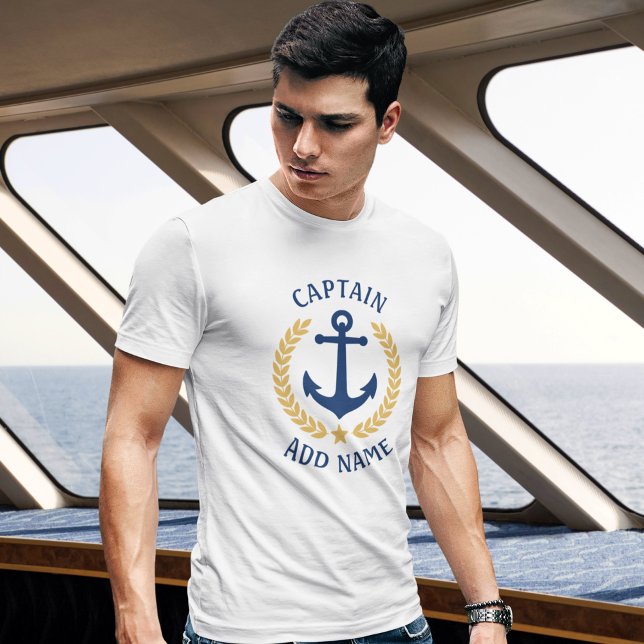 T-shirt Capitaine Votre Nom De Bateau Ancre Gold Laurel Bl (Créateur téléchargé)