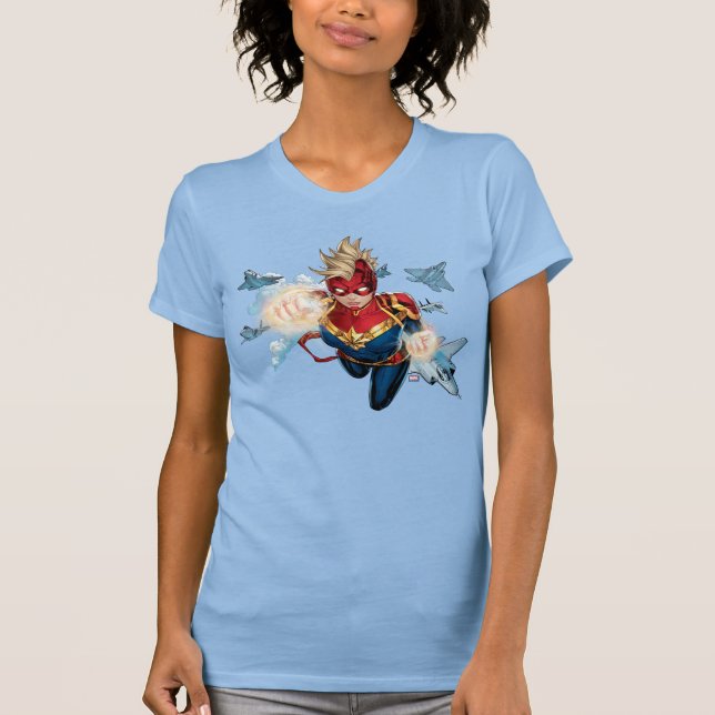 T-shirt Captain Marvel volant avec des jets (Devant)