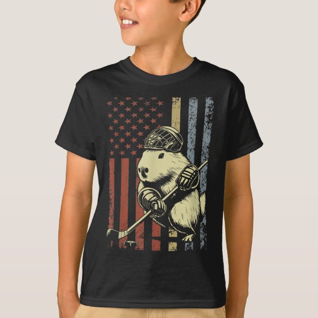 T-shirt Capybara Jouer Hockey Drapeau Américain Capybara H (Devant)
