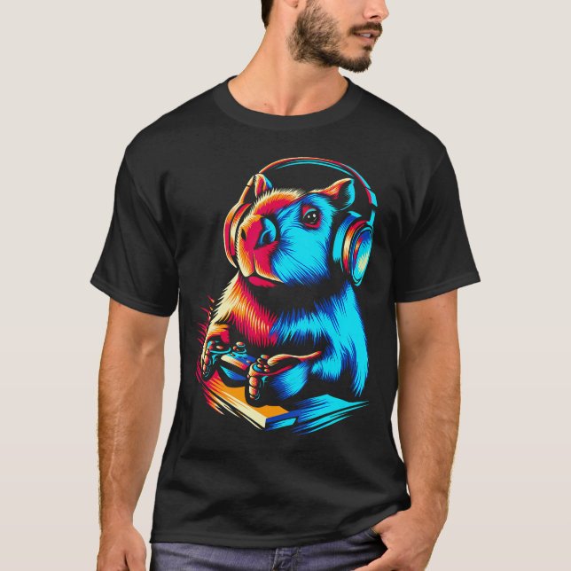 T-shirt Capybara Playing Video Games Animal Rodent Lover C (Devant)