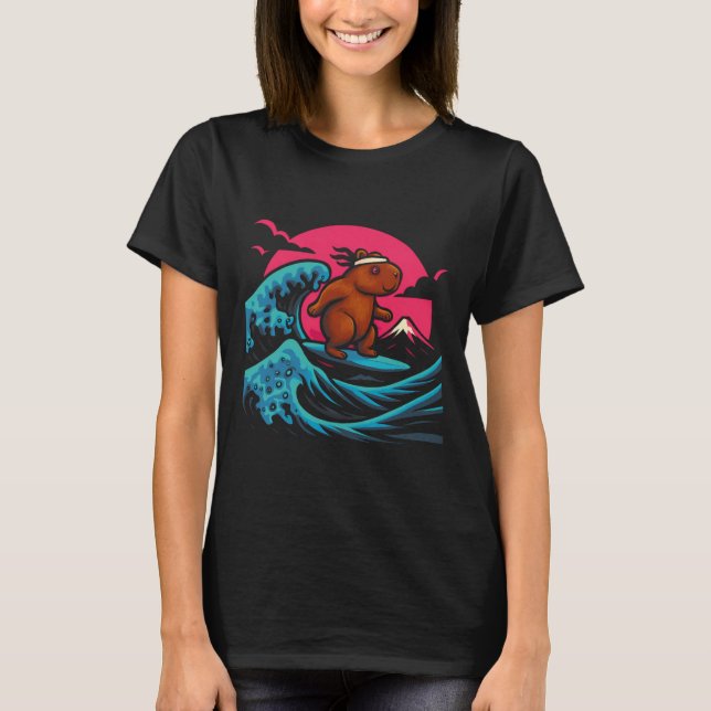 T-shirt Capyra Riding Waves Under Pink Sky Funny Summer Te (Devant)