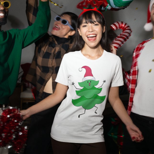 T-shirt Caricature amusante arbre de Noël, chapeau de Père (Funny Cartoon Christmas Tree, Santa Hat and Face T-Shirt)