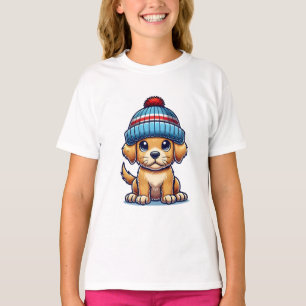 T-shirt Caricature Chiot portant Casquette Beanie