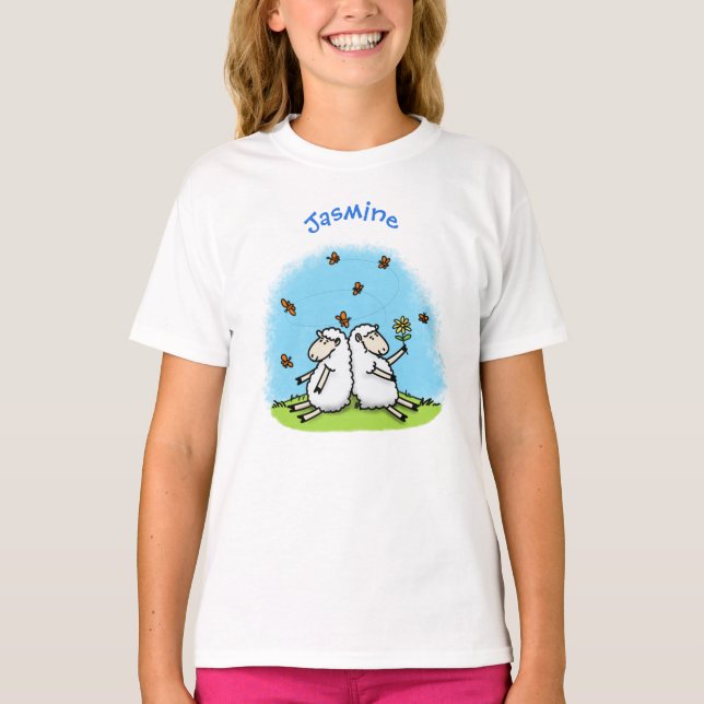T-shirt Caricature de moutons mignons amis et papillons (Devant)