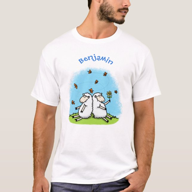 T-shirt Caricature de moutons mignons amis et papillons (Devant)