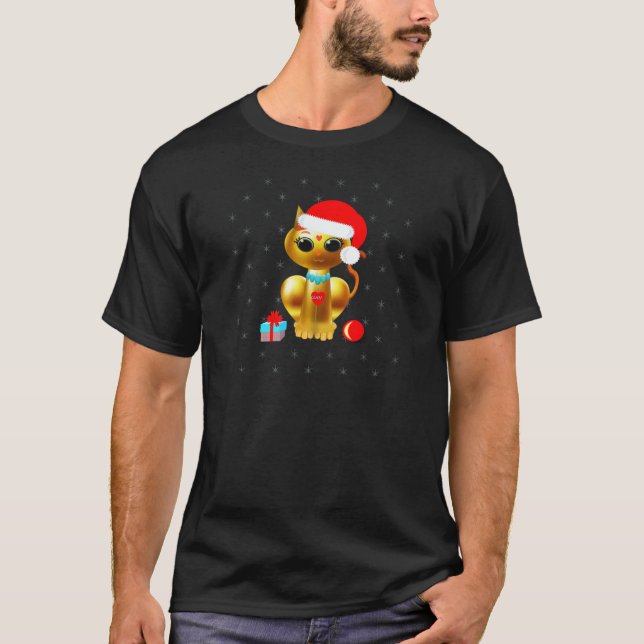 T-shirt Caricature de Noël pour chatte chatte en or (Devant)