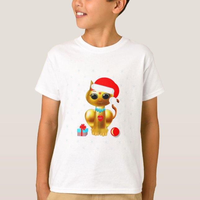 T-shirt Caricature de Noël pour chatte chatte en or (Devant)