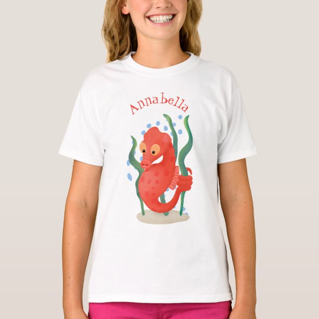 T-shirt Caricature d'hippocampe rouge mignon (Devant)