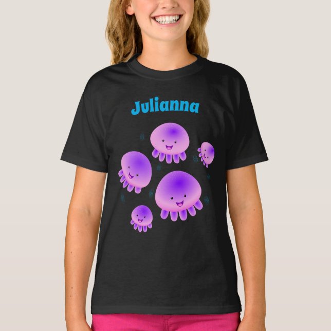 T-shirt Caricature kawaii de méduse violette rose mou (Devant)
