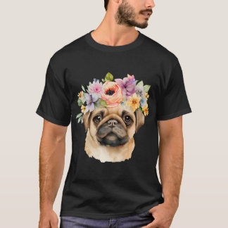 T-shirt Carlin à l'aquarelle avec couronne de fleurs