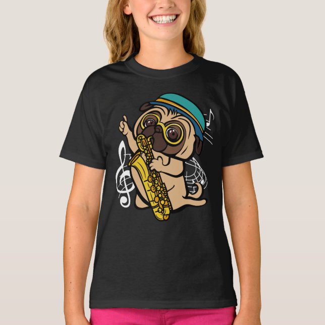 T-shirt Carlin de chien jouant Saxophone musicien fille (Devant)