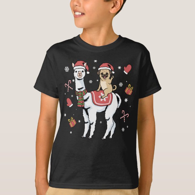 T-shirt Carlin de Noël Llama Chien Joyeux Noël Alpaca (Devant)