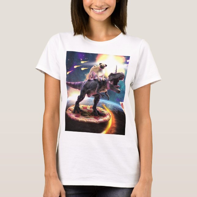 T-shirt Carlin équitation dinosaur licorne dans l'espace (Devant)
