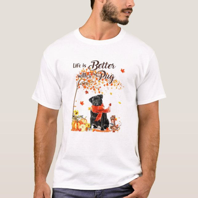 T-shirt Carlin érable Thanksgiving Day mignon chien automn (Devant)