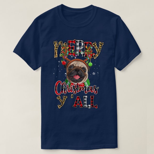 T-shirt Carlin Joyeux Noël Vous tous Pugmas Leopard Reinde (Design devant)
