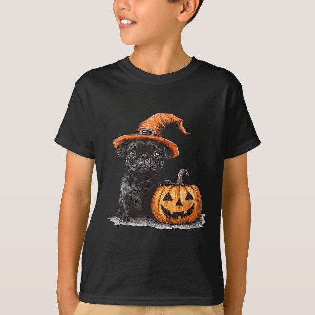 T-shirt Carlin Noir Avec Casquette Sorcière Et Carlin Citr (Devant)
