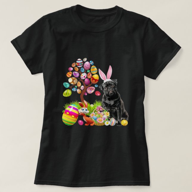 T-shirt CARLIN NOIR Jour de Pâques Oeufs Chiens Lapin Pâqu (Design devant)
