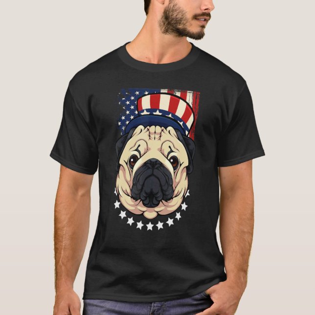 T-shirt Carlin patriotique 4 juillet chien mignon Drapeau  (Devant)