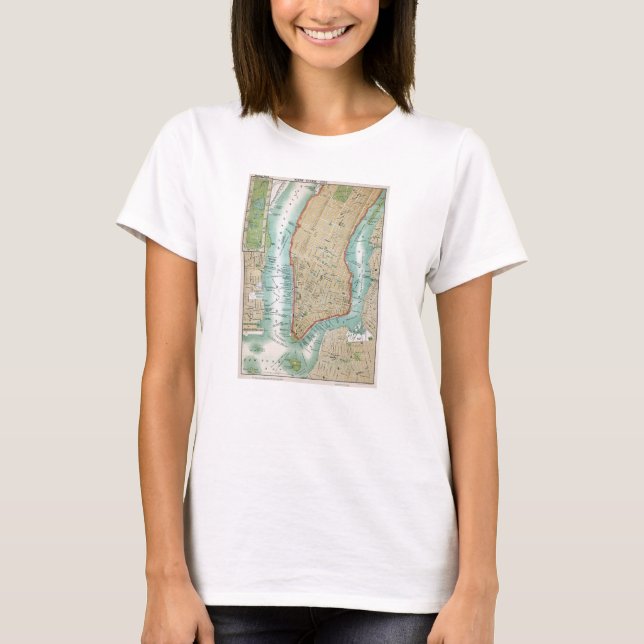 T-shirt Carte antique de Lower Manhattan et de Central (Devant)