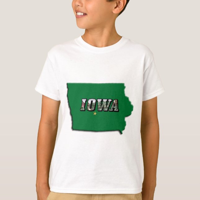 T-shirt Carte de l'État de l'Iowa Plan vert et texte photo (Devant)