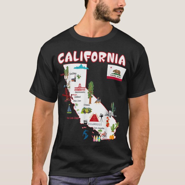T-shirt Carte des sites californiens, grandes villes, drap (Devant)