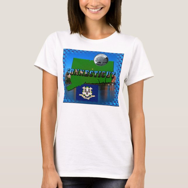 T-shirt Carte du Connecticut, Texte, Trimestre des couleur (Devant)