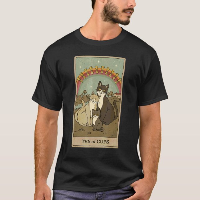 T-shirt Carte Tarot Dix De Tasses Et Chat De Famille Graph (Devant)